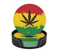 Posavasos de Cuero con diseño de Hojas de Marihuana y Bandera Rasta, Redondos de 10 cm, con Soporte, para decoración del hogar, Cocina, Taza de café o inauguración de la casa. Juego de 6.
