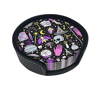 Posavasos de cuero con soporte, diseño de brujería mágica, juego de 6 posavasos resistentes al calor para protección de mesa, decoración de escritorio