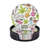 Posavasos de Cuero Redondos de 10 cm con diseño de Marihuana Verde y Cannabis Kawaii, con Soporte, Juego de 6, para decoración del hogar, Cocina, Taza de café o inauguración de la casa.