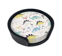 Posavasos de Dinosaurios Antiguos y volcanes. Juego de 6 Posavasos Circulares de Cuero de 10 cm con Soportes.