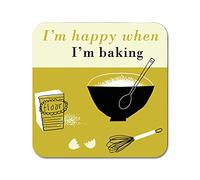 Posavasos de eucalipto sostenible con texto en inglés"I 'm happy when I'm baking coaster Fabricado en Inglaterra. verde verde oliva