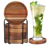 Posavasos de madera para vasos redondos, juego de 6 posavasos de GOMETY de madera de acacia natural con soporte de hierro, posavasos de cristal, juego para bebidas, bar, tazas, vasos de bebida
