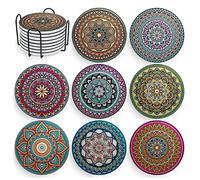 Posavasos de Mandala con Soporte, Juego de 8 Posavasos Bohemios de cerámica para Bebidas, absorbentes con Base de Corcho y Soporte Negro, Posavasos para Mesa de café, apartamento, Bar, Tazas, Vasos,