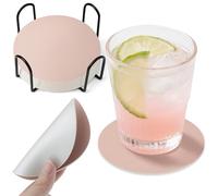 Posavasos de Piel sintética con Soporte de Almacenamiento de Metal, Antideslizante, 10 cm de Doble Cara para Vasos de Cerveza, Tazas (Rosa/Plata)