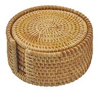 Posavasos de ratán Tejidos a Mano - Placas Base y Platos aislados - Accesorios de Cocina para Sala y Comedor - Juego de 6 Piezas con Soporte (ratán, 4 Pulgadas Redondos)