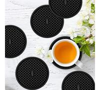 Posavasos de silicona JYKJ Set de 6 in Holder - Protege los muebles de las marcas de agua y daños, posavasos con fondo ranurado profundo y antideslizante para taza de café (Negro)