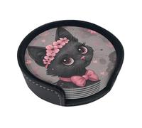 Posavasos Glegful Cat Princess and Pink Blossom (Princesa Gata Elegante y Flor Rosa) Juego de 6 Posavasos Circulares de Cuero de 10 cm con Soportes.