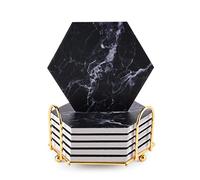 Posavasos negros, posavasos para bebidas, posavasos de mármol absorbentes con soporte de metal para varias tazas, mesas y decoración del hogar