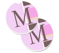 """"Posavasos para auto con monograma inicial de la letra M de Caroline's Treasures, juego de 2,56 multicolores con rayas rosas CJ1005-MCARC""""