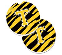 """"Posavasos para auto con monograma inicial T de Caroline's Treasures, rayas de tigre, negro y dorado, juego de 2,56, multicolor, CJ1026-TCARC""""