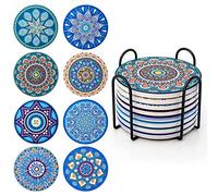 Posavasos para Bebidas, Juego de 8 Posavasos de Corcho Cerámica, con Soporte de Metal de 4 Pulgadas, Diseño de Mandala para Tazas, Jarrones, Velas, Regalo de Inauguración para Cumpleaños, Salón