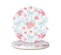 Posavasos para Coche 6.5Cm, Banderas De EE. UU. Lazos Flores Rosas Hojas Antideslizante Posavasos para Automóvil Universal Portavasos De Café para Mujere Casa,2 Piezas