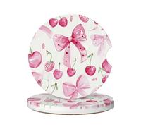 Posavasos para Coche 6.5Cm, Cerezas con Lazos Rosas Decorativo Posavasos para Automóvil Universal Portavasos De Café para Escritorio Casa,2 Piezas