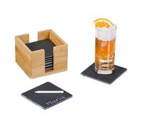 Relaxdays Juego 8 Posavasos Pizarra con Estuche de Bambú, Platos Sushi, Vasos Cóctel y Copas, 10 x 10 cm, Antracita