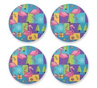 Posavasos redondos de Navidad con diseño geométrico de flamencos e iconos navideños, 4 unidades, trípode de corcho, almohadilla térmica para decoración del hogar, regalo de inauguración de la casa