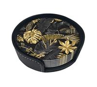 Posavasos redondos, hojas tropicales doradas y negras, juego de 6 posavasos de cuero con soporte