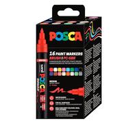 POSCA 184016 - Set de rotuladores POSCA Brush Pen, 16 rotuladores acrílicos con punta de pincel, PC-5BR Rotuladores de pincel para casi cualquier superficie