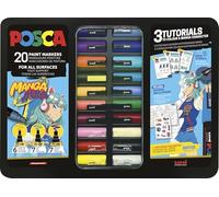 POSCA 186833 - Set de rotuladores POSCA Manga Hero, 20 rotuladores acrílicos con tutoriales, póster y pegatinas, PC-1M, PC-3M, PC-5M