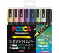 POSCA 186836 - Set de rotuladores POSCA, 8 rotuladores acrílicos, rotulador permanente PC-5M y rotulador pincel PC-5BR