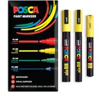 Posca - Bolígrafo de pintura permanente a base de agua - Uso multisuperficie - PC-1M, PC-3M, PC-5M - Paquete de 3 bolígrafos en estuche (Amarillo)