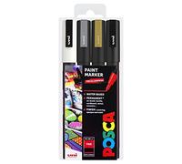Posca PC-3M - Rotuladores de pintura permanente a base de agua, multisuperficie, 0,9-1,3 mm - Juego de 4 bolígrafos en cartera regalo en color negro, blanco, dorado y plateado