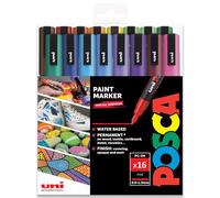 Posca PC-3M - Rotuladores permanentes a base de agua, 0,9-1,3 mm, espectro completo, juego de 16 bolígrafos en estuche de regalo de plástico