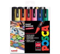 Posca PC-5M - Rotuladores permanentes a base de agua, juego profesional de 12 bolígrafos, 1,8-2,5 mm, mediano, negro extra + blanco, en cartera de regalo