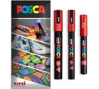 Posca - Rotulador permanente a base de agua, multiuso en superficies, PC-1M, PC-3M, PC-5M, paquete de 3 bolígrafos en cartera (rojo)
