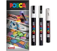Posca - Rotulador permanente a base de agua, multiuso en superficies, PC-1M, PC-3M, PC-5M, paquete de 3 bolígrafos en cartera (blanco)