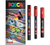 Posca - Rotulador permanente a base de agua, multiuso en superficies, PC-1MR, PC-1M, PC-3M, paquete de 3 bolígrafos en cartera (rojo)