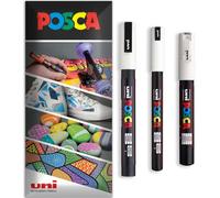 Posca - Rotulador permanente a base de agua, multiuso en superficies, PC-1MR, PC-1M, PC-3M, paquete de 3 bolígrafos en cartera (blanco)