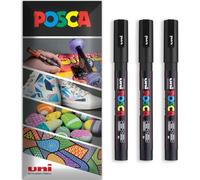 Posca - Rotulador permanente a base de agua, multiuso en superficies, PC-3M, paquete de 3 bolígrafos en cartera, color negro