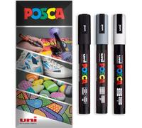 Posca - Rotulador permanente a base de agua, multiuso en superficies, PC-5M, paquete de 3 bolígrafos en cartera (negro, gris, blanco)