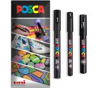 POSCA Rotuladores permanentes a base de agua para múltiples superficies PC-1MR, PC-1M, PC-3M, paquete de 3 bolígrafos en cartera (negro)