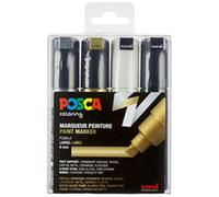 Posca - Set de 4 marcadores PC8K, punta ancha biselada - Colores: negro, blanco, dorado, plateado