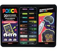 Posca Uni-Ball 186831 - Juego de 20 rotuladores acrílicos en estuche, juego de marcadores de colores Groovy, punta PWE5M 1,8-2,5 mm