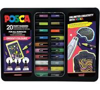 Uni-Ball 186831 - Juego de rotuladores POSCA, 20 rotuladores acrílicos en estuche, juego de rotuladores Groovy Colours, punta PWE5M 1.8-2.5 mm