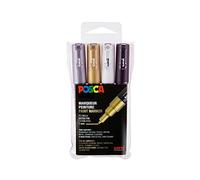 POSCA - Uni Mitsubishi Pencil - 4 marcadores metálicos PC1MC - Posca Punta cónica extra fina - Marcadores de pintura a base de agua - para papel, textil, vidrio, guijarro, madera, etc.