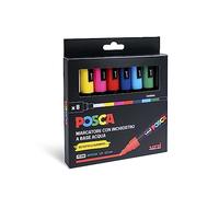 Posca UniPosca - Juego de 8 rotuladores acrílicos surtidos, multicolor de punta redonda media de 2,5 mm - para niños y artistas, para telas, madera, vidrio y otras superficies