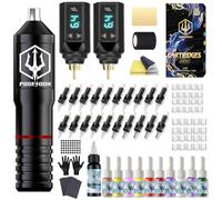 POSEIDON Kit de bolígrafo de tatuaje inalámbrico con 2 baterías de larga duración y accesorios de arranque completos | Máquina de tatuaje inalámbrica profesional para principiantes | Incluye 20 agujas