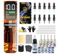 Poseidon - Kit de pistola de tatuaje inalámbrica, kit completo de tatuaje todo en uno con baterías recargables de 2300 mAh y tinta de tatuaje de 11 colores, suministros de tatuaje completos para