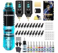 Poseidon - Pistola de tatuaje inalámbrica con 2 pilas de 1500 mAh, juego de máquina de tatuaje con 20 agujas de cartucho de tatuaje, 11 tintas de tatuaje para principiantes