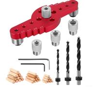 Posicionador de taladro para carpintería con mecanismo de autocentrado y anillos de tope de profundidad, diseñado para mejorar la precisión y eficiencia en la perforación y marcado de juntas de tacos