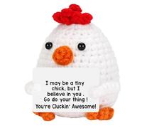Positive Chicken - Handmade Plush, Knitted Doll | Motivational Animal Holding Card, Adorable Figure for Birthday Surprise, Home Decoration, Living Room Display, Office Desk Companion