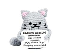 Positive Crochet Cat - Muñeca de punto inspiradora, gato de ganchillo hecho a mano para niños, mujeres y estudiantes | Muñeca decorativa de punto para estante, sala de estar, regalo de cumpleaños