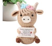 Positive Crochet Highland Cow - Carácter de hecho a mano, diseño inspirador, compacto y decorativo coleccionable | Acento de habitación para estaciones de trabajo, libros, noches, decoración del