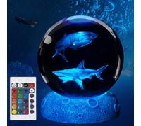 POSSHE Luz nocturna de tiburón, lámpara de tiburón de bola de cristal 3D, regalos de tiburón con control remoto de 16 colores, bola mejorada de 3.15 pulgadas para decoración de habitación, niños y