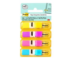 Post-It Marcadores Adhesivos Pequeños, Paquete de 4 Dispensadores, 35 Banderitas por Dispensador, 11.9x43.2 mm, Amarillo, Morado, Rosa, Azul Color, Marcapáginas Para Señalar, Resaltar o Colorear