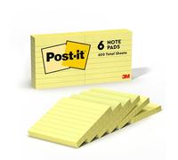 Post-it Notas, Canary Yellow, con renglones, 76 mm x 76 mm, 100 hojas/bloc, 6 blocs/paquete