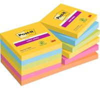 Post-it Notas Super Sticky Colección Carnival Color - Paquete de 12 Blocs, 90 Hojas por Bloc (76 mm x 76 mm) - Amarillo, Verde y Rosa - Notas Autoadhesivas para Listas de Tareas y Recordatorios